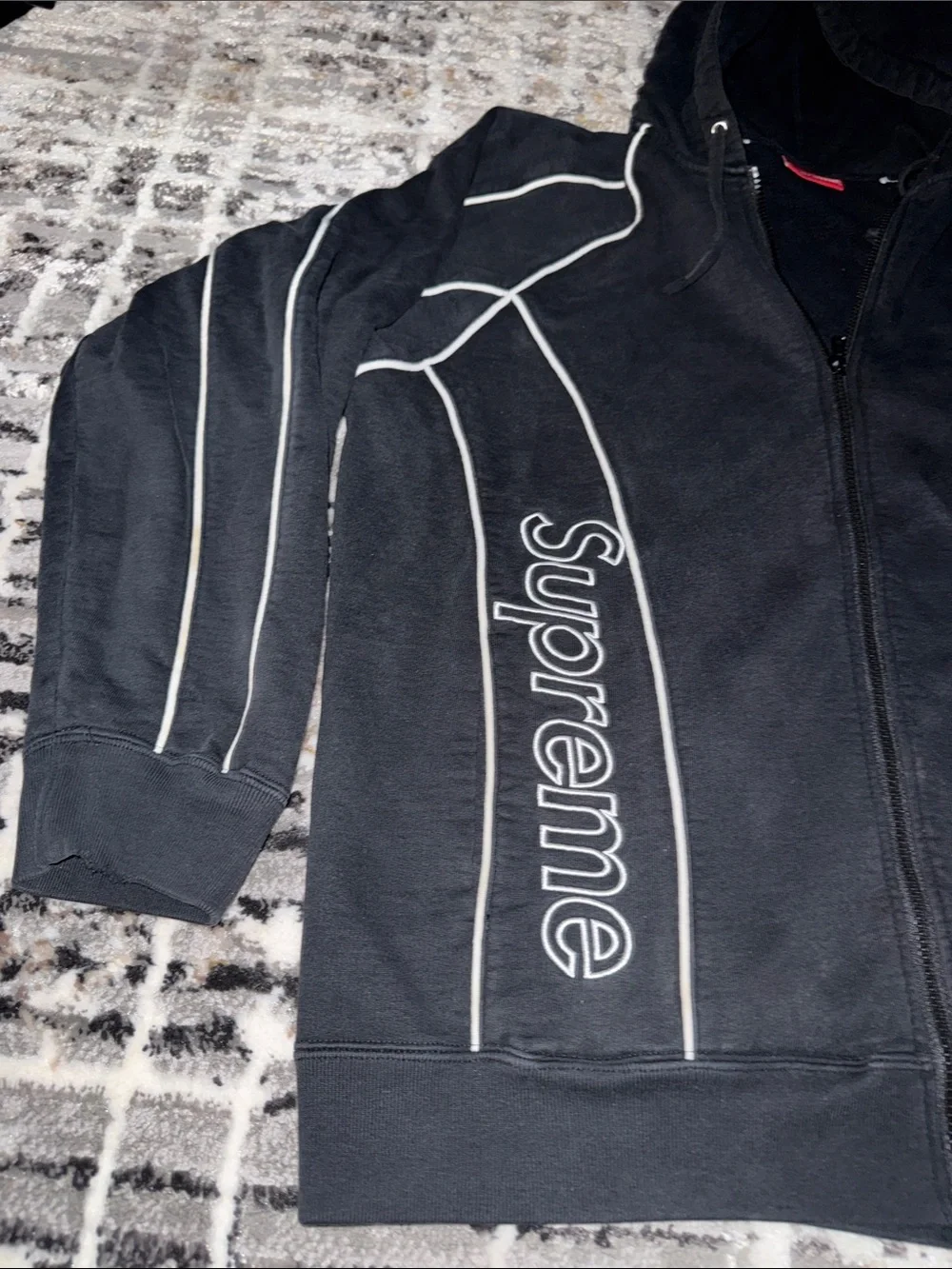 Black Zip-Up Hoodie with White Piping
